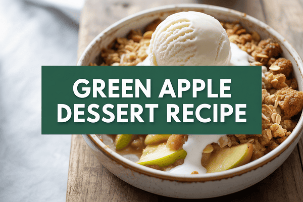Delicious green apple dessert with ice cream and crunchy toppings.