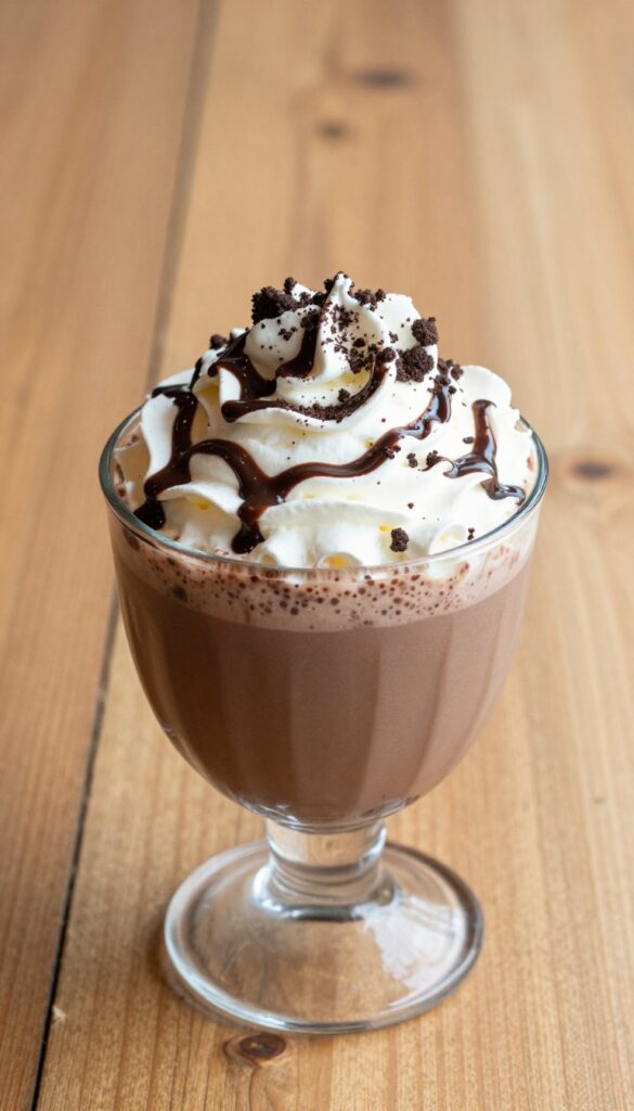 A thick chocolate ice cream milkshake dessert bowl with whipped cream, chocolate syrup, and cookie crumbs, served in a glass bowl on a wooden table.