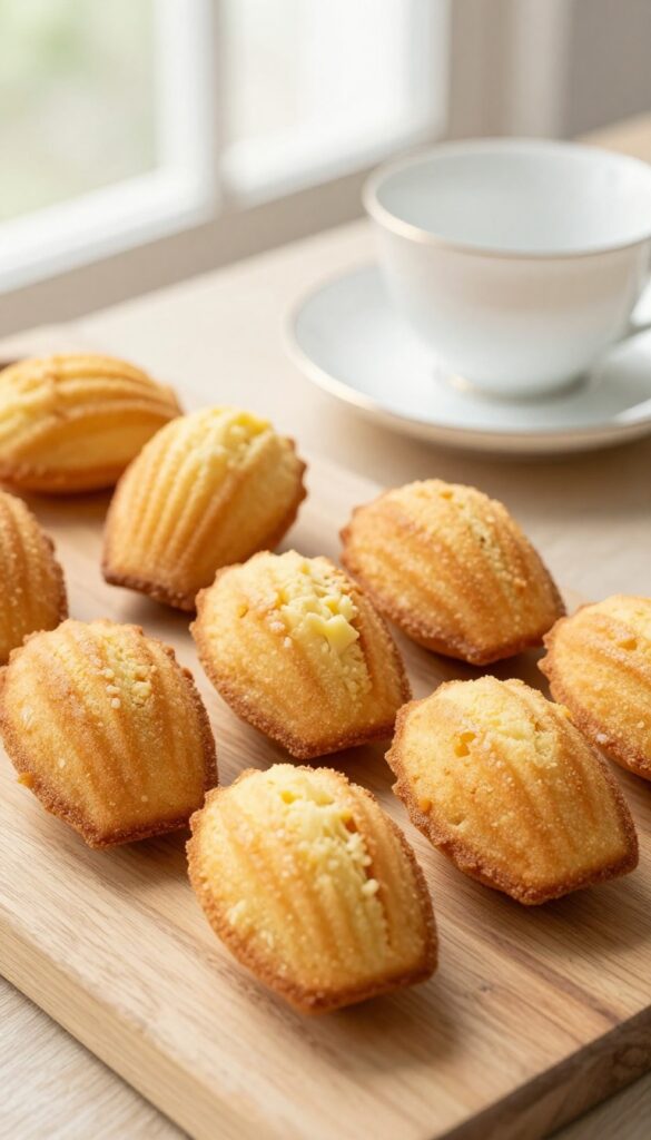 Freshly baked madeleines on a rustic wooden table with a teacup, in natural light.