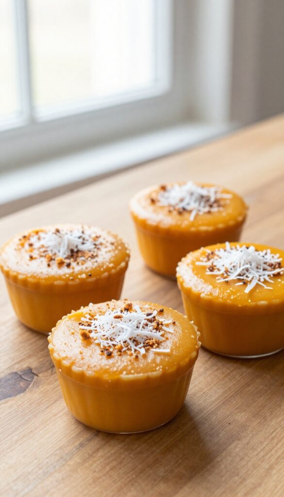 Four ramekins of toasted coconut pumpkin custard, showcasing a smooth baked dessert with a textured coconut topping, arranged on a wooden table in natural light.