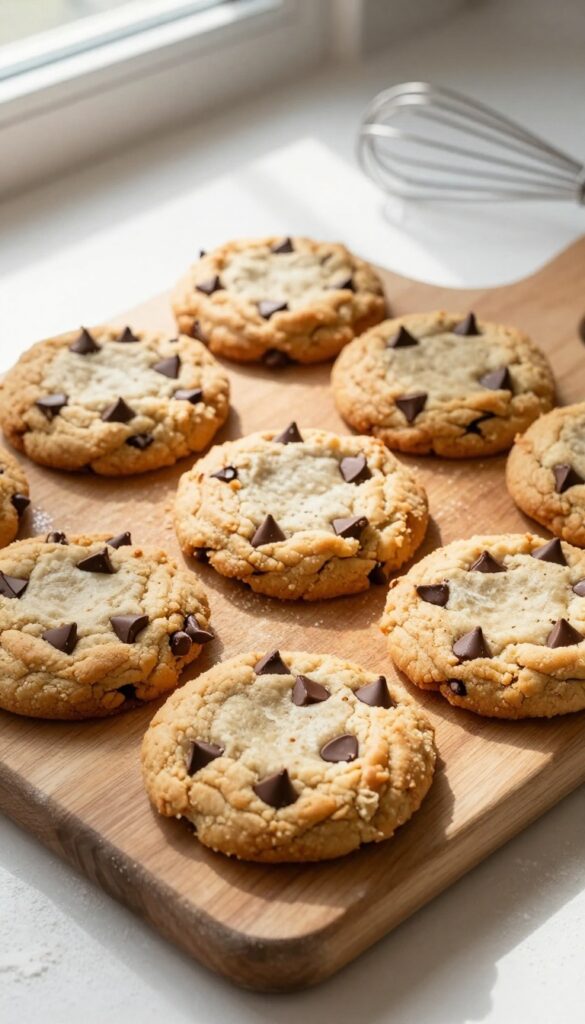 Freshly baked chocolate chip cookie bars on a wooden cutting board