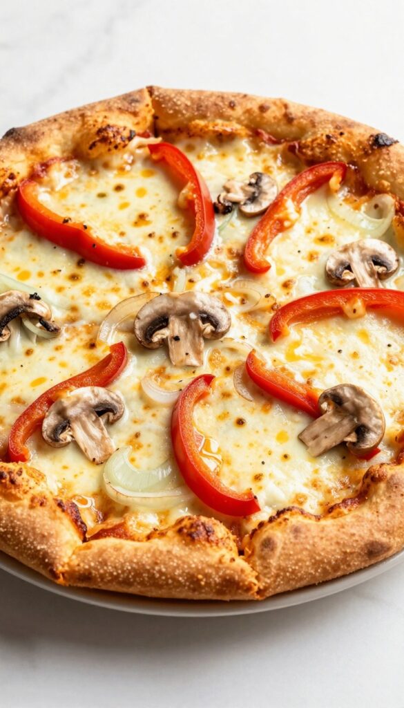 A close-up of a Veggie Pizza Crescent Roll Bake with melted cheese and colorful vegetables on a golden crescent roll crust, baked in a dish.