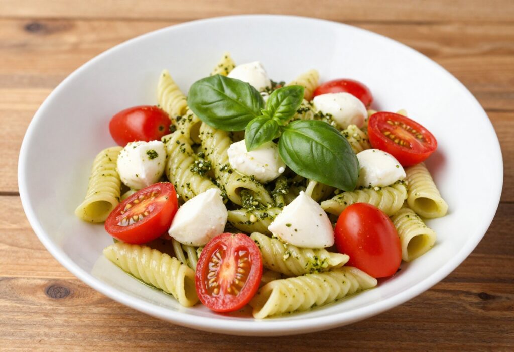 Fresh basil pesto pasta salad with cherry tomatoes and mozzarella in a white bowl