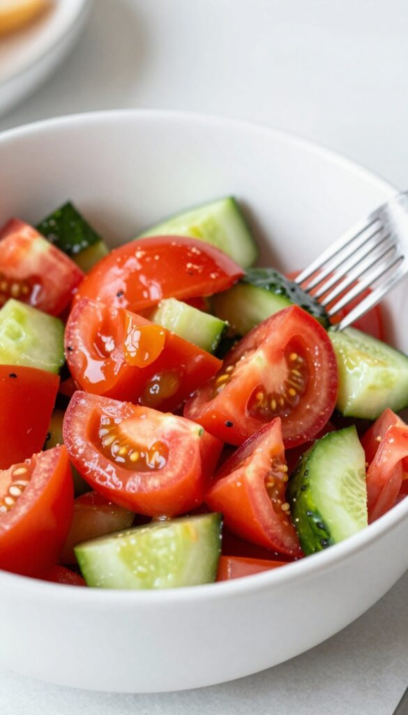 Close-up of tomato and pepper cucumber salad with fork