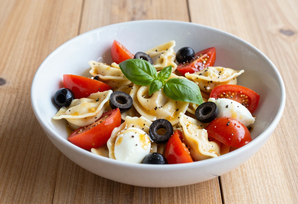 Bowl of tortellini pasta salad with Italian dressing and cheese