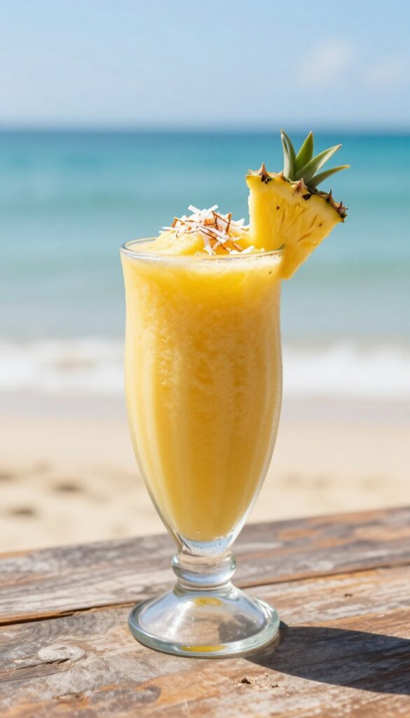 A creamy tropical smoothie in a glass with pineapple garnish and coconut rim, set on a wooden table with a beach background, representing a dairy-free recipe for family enjoyment.