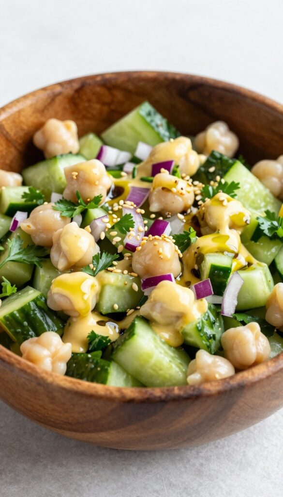 A close-up image of a hearty cucumber and chickpea salad with tahini dressing, showcasing fresh ingredients in a rustic bowl under natural light, ideal for a budget-friendly meal.