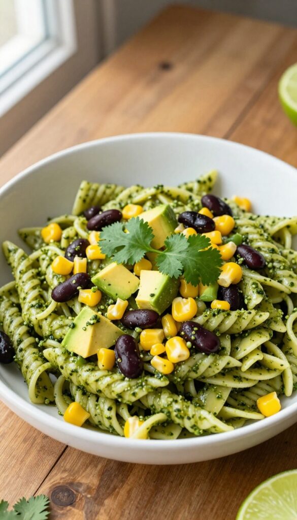 Cilantro pesto pasta salad with black beans, corn, and avocado in a white bowl on a wooden table