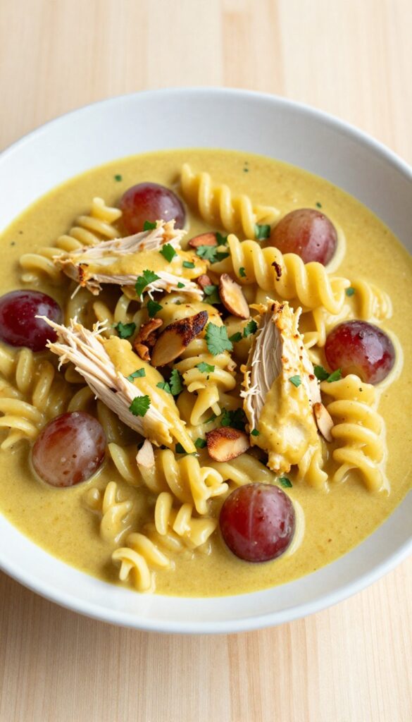 Curry yogurt chicken pasta salad with rotini, shredded chicken, red grapes, almonds, and cilantro in a bowl on a wooden table.