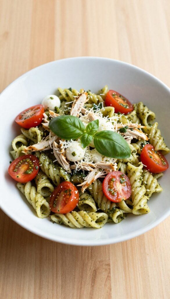 Classic basil chicken pesto pasta salad in a white bowl on a wooden table