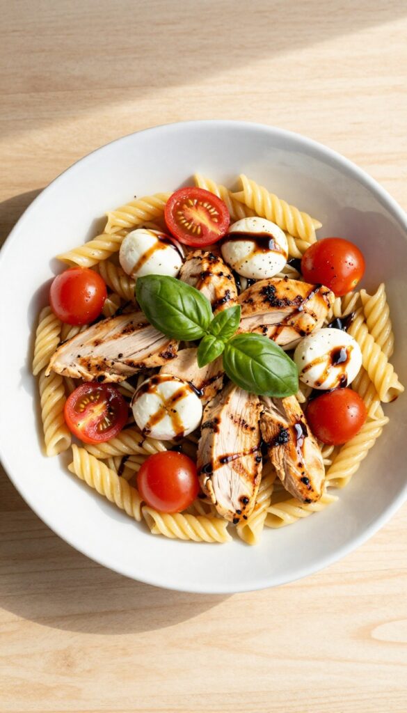 Grilled chicken Caprese pasta salad in a white bowl with cherry tomatoes, mozzarella, basil, and balsamic glaze.