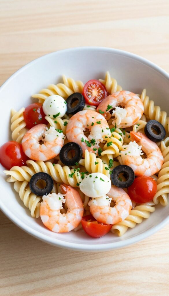 Cold rotini pasta salad with shrimp, cherry tomatoes, black olives, and mozzarella pearls in a white bowl on a wooden table.