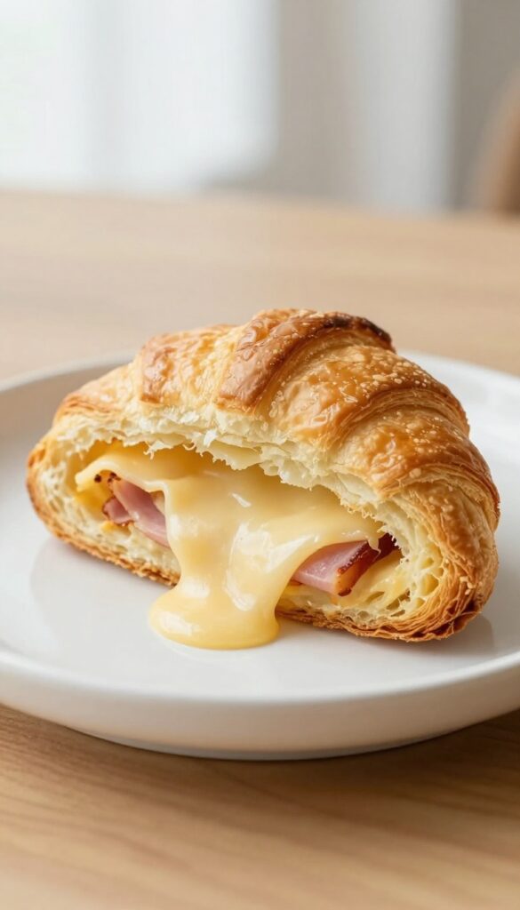 A close-up of a ham and Swiss crescent roll melt, showcasing its flaky crust and melted cheese interior, arranged on a plate in natural light for a blog-friendly visual.