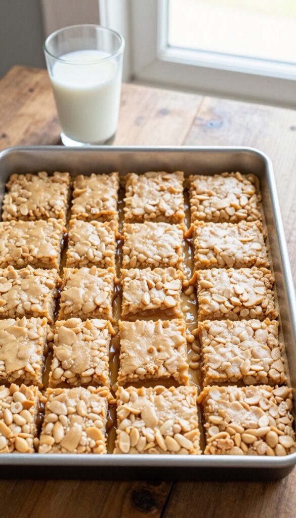 Peanut butter chocolate Rice Krispie treats in a pan with chocolate drizzle, on a wooden table with a glass of milk.