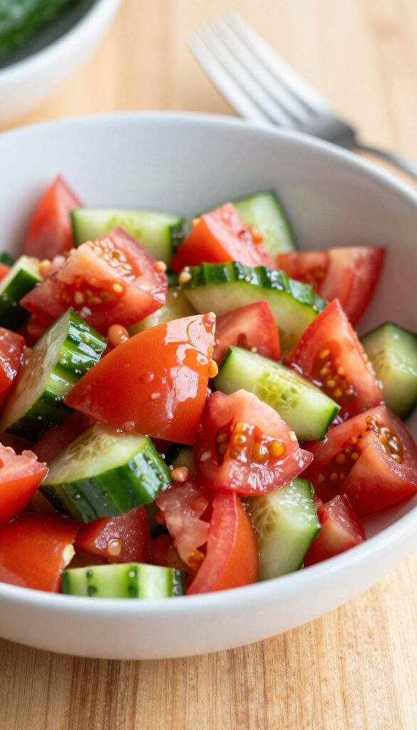 Close-up of tangy tomato cucumber salad with fork on wooden table