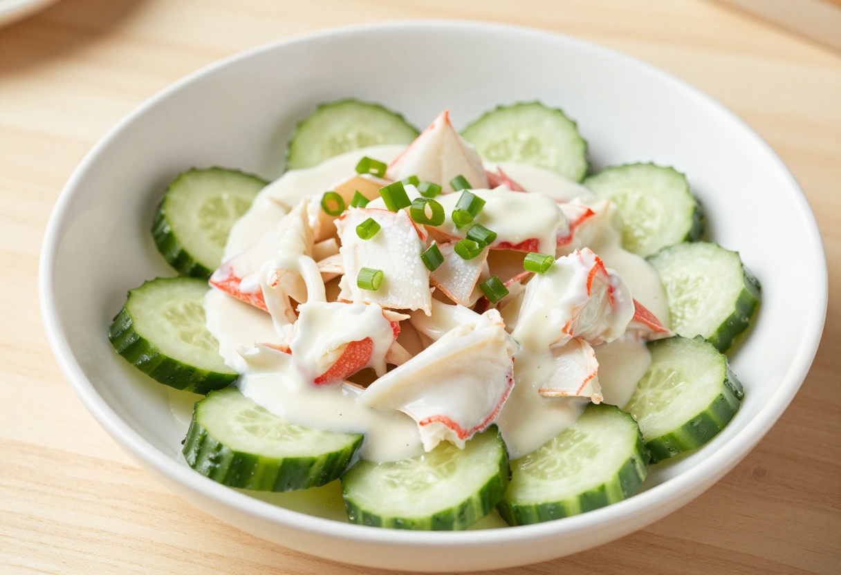 Bowl of crab rangoon-inspired crab cucumber salad with cream cheese and green onion