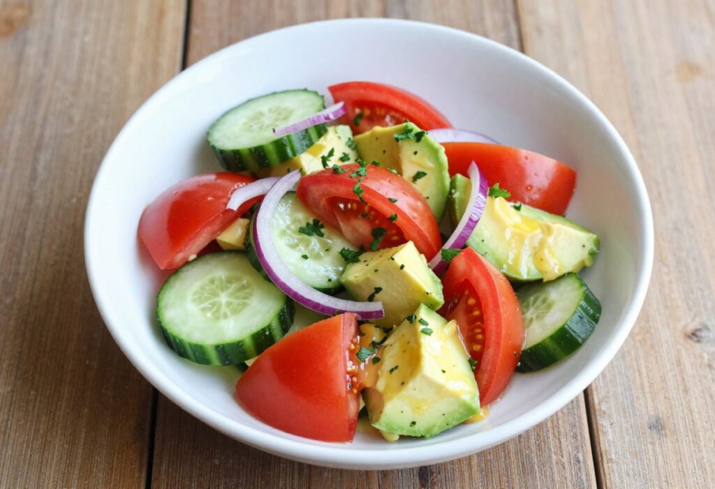 Fresh cucumber tomato avocado salad with lemon dressing in a bowl