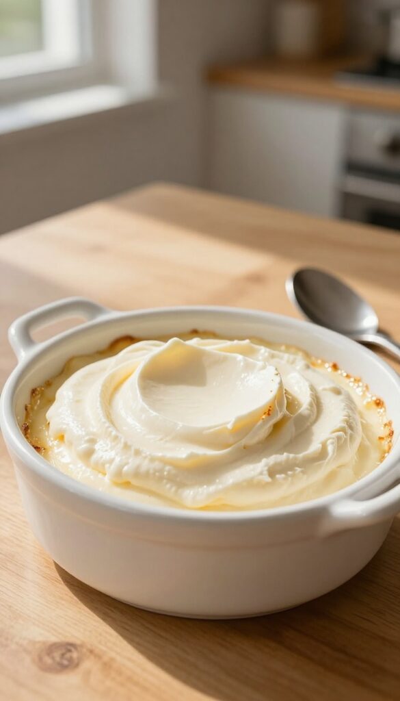 Baked ricotta cream dessert in a white dish with whipped cream, spoon on side, natural light, kitchen background