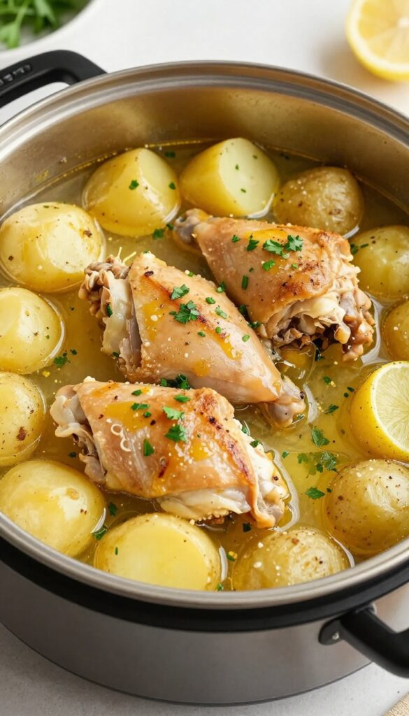 A close-up view of garlic butter chicken and potatoes cooked in an Instant Pot, showcasing tender chicken and flavorful potatoes in a savory broth, perfect for a time-saving dinner recipe.