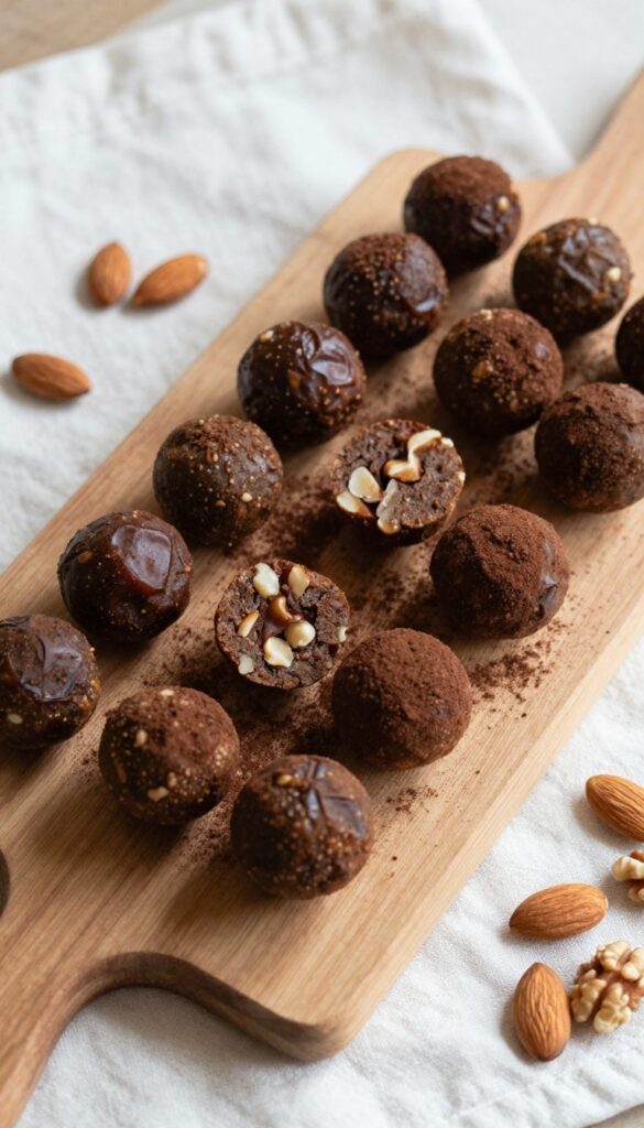 Date and nut energy balls on a wooden board with whole dates and nuts nearby