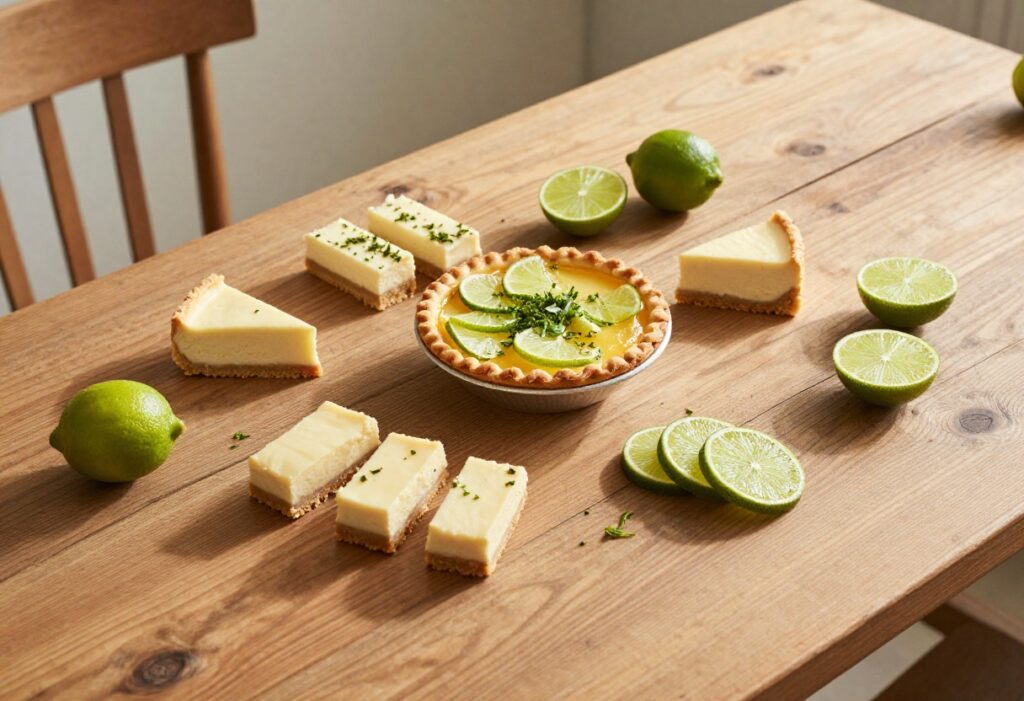 A collection of lime desserts including pie, bars, and cheesecake, garnished with lime slices, representing fresh and balanced flavors for a dessert recipe article.