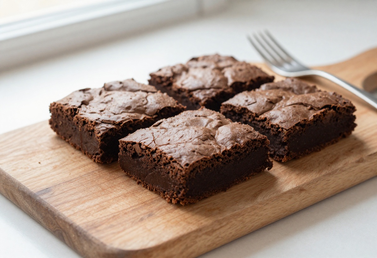 Fudgy healthy brownies made with bananas and peanut butter, cut into squares on a wooden board.