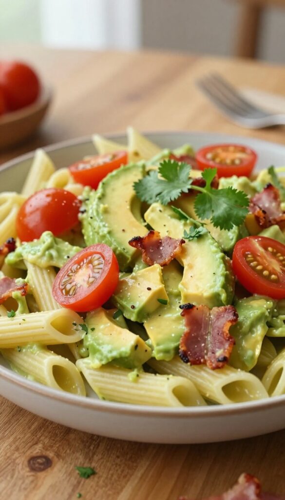 Creamy avocado and bacon penne pasta salad in a bowl on a wooden table