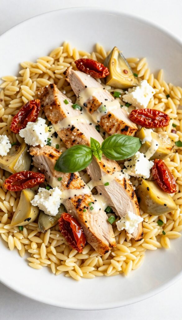Grilled chicken and artichoke heart orzo salad in a white bowl with feta and basil