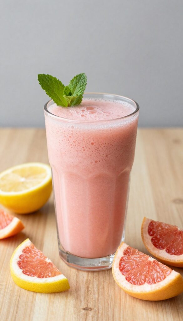 A refreshing citrus smoothie in a glass with grapefruit and lemon slices on a wooden table.