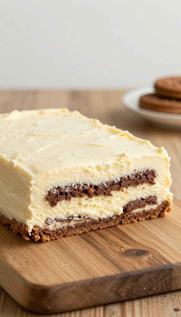 A slice of cream cheese icebox cake with layered cream cheese filling and cookies, showcasing a soft, sliceable texture in bright natural light.