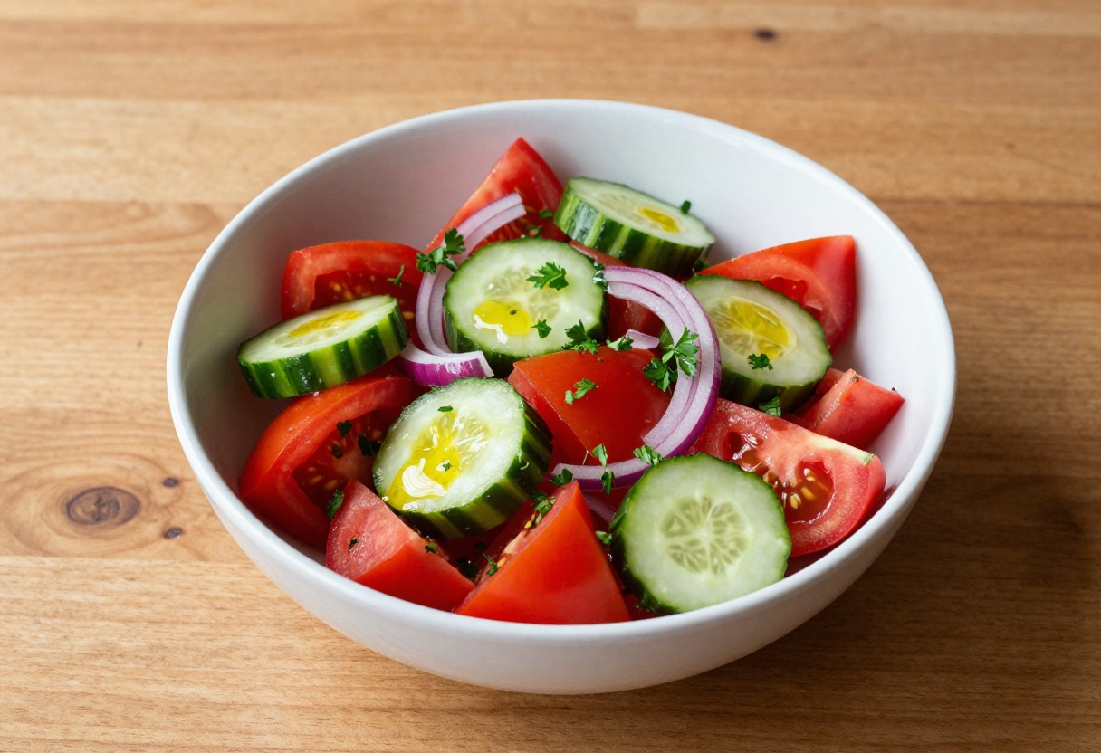 Bold tomato cucumber salad in a bowl with fresh herbs and vinaigrette.
