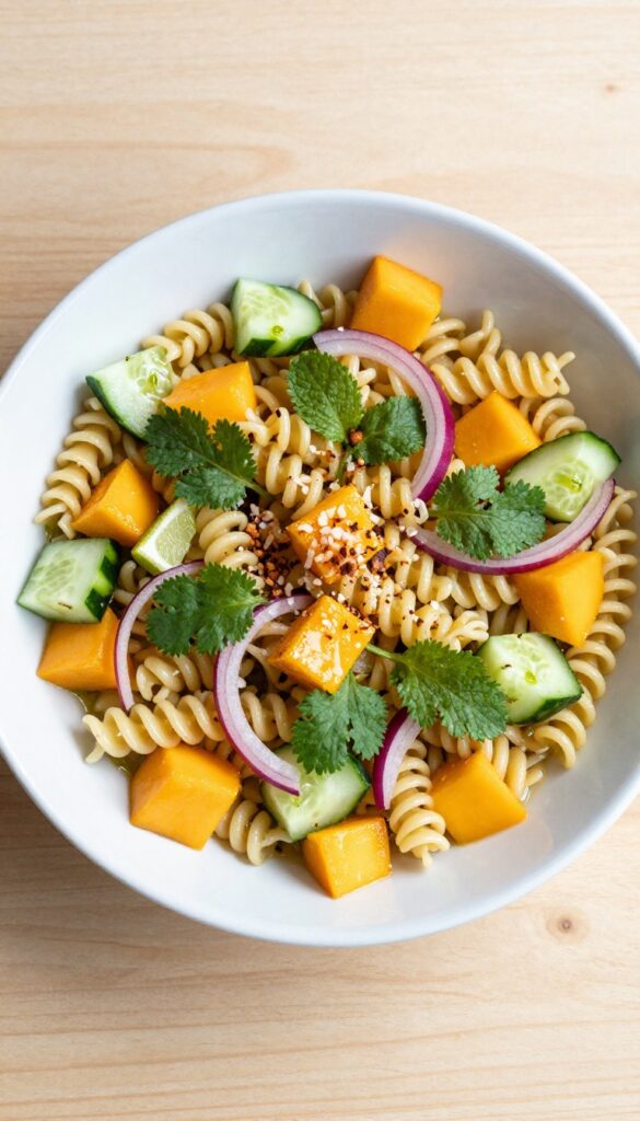 Tropical cucumber pasta salad with mango and lime
