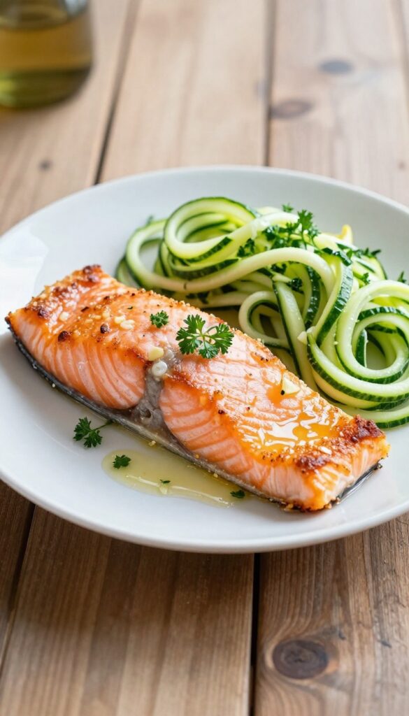 A close-up of lemon garlic salmon with zucchini noodles on a white plate, showcasing healthy, low-carb meal preparation in natural light.