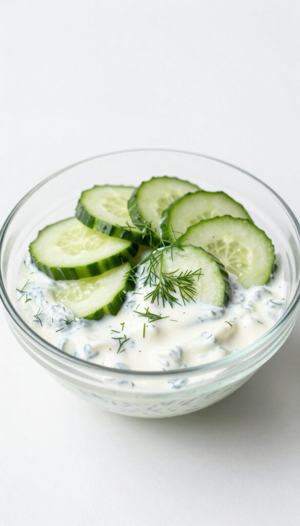 Creamy dill and yogurt cucumber salad in a glass bowl, featuring thinly sliced cucumbers in a smooth yogurt dressing with fresh dill, presented on a white background for a clean, appetizing look.