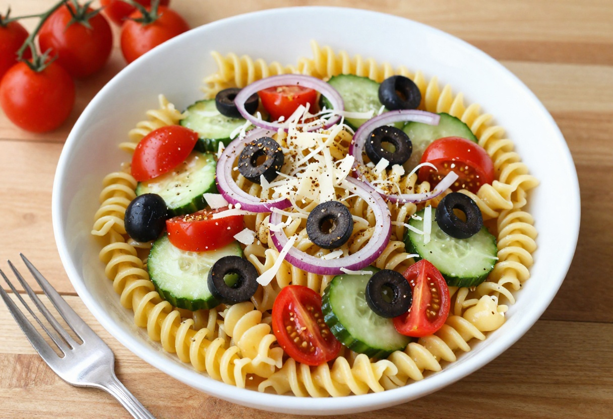 Bowl of pasta salad with Italian dressing and Salad Supreme seasoning on a wooden table