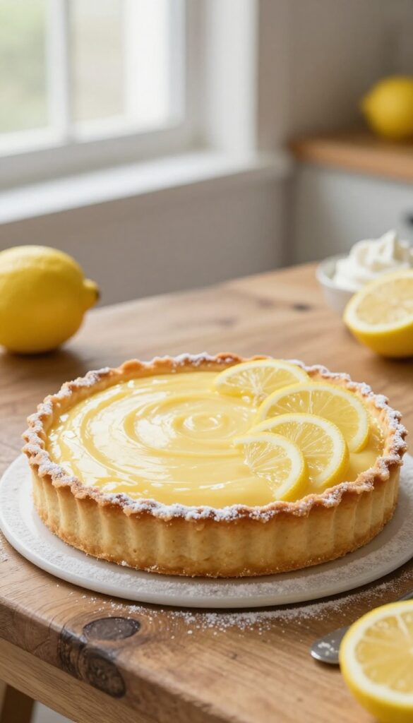 A lemon tart with a golden crust and creamy lemon filling, dusted with powdered sugar and garnished with lemon slices, presented on a wooden table in natural light.