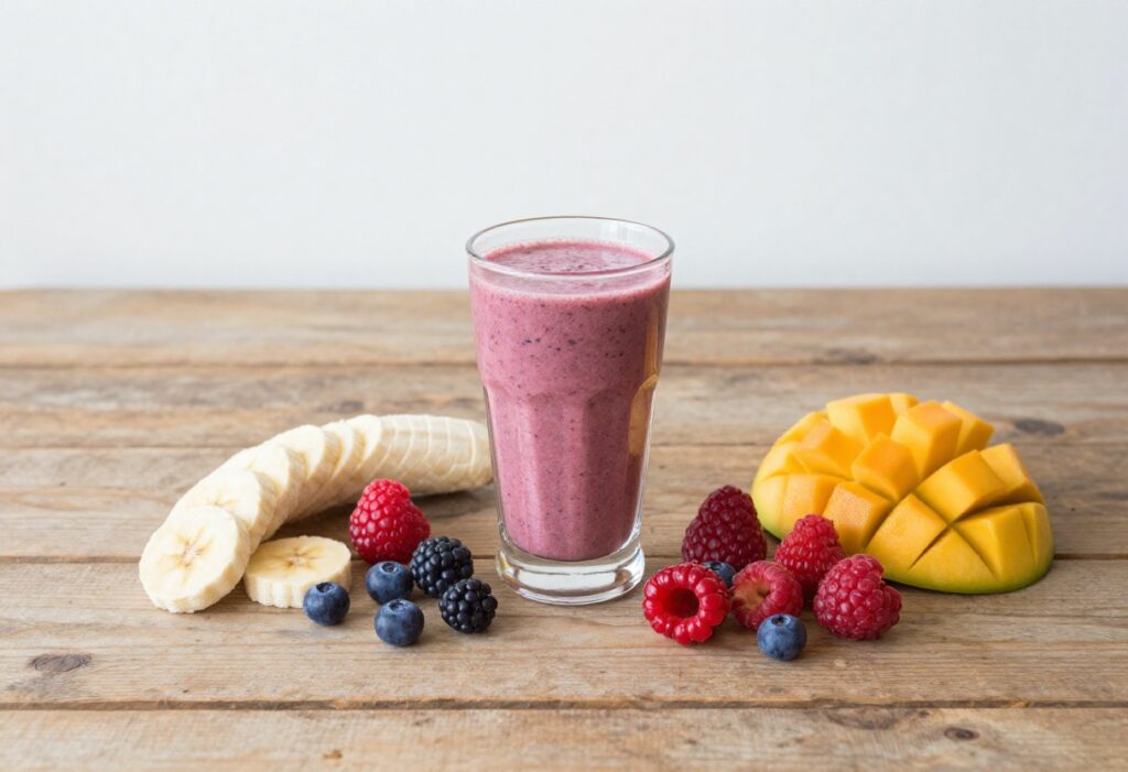 Colorful smoothie in a glass with fresh fruits on a wooden table