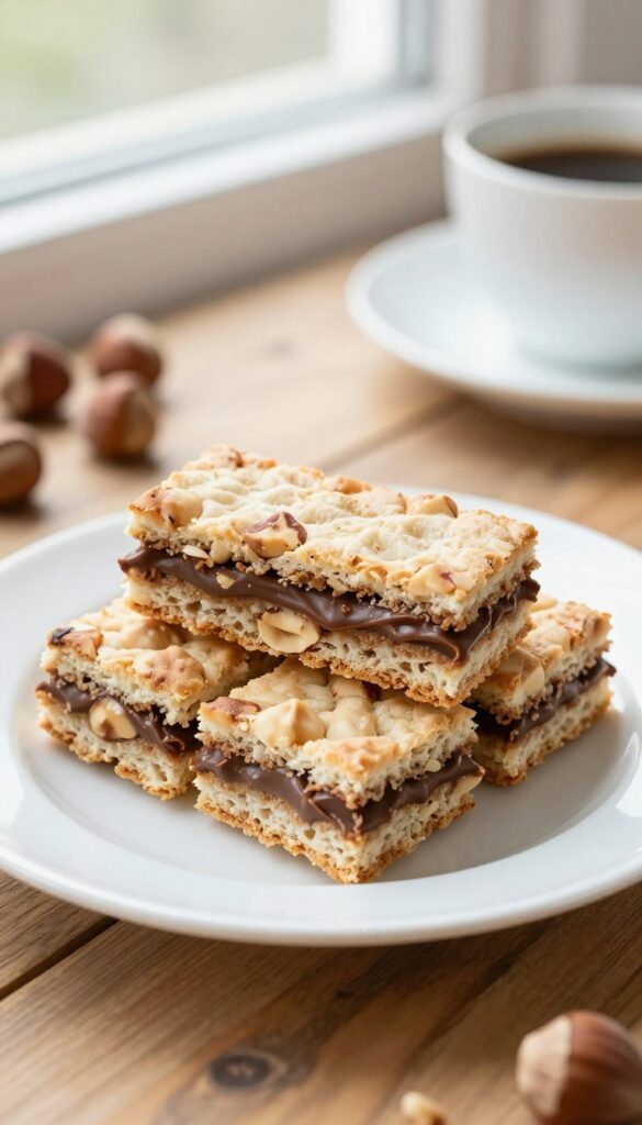 Hazelnut dacquoise sandwiches with chocolate ganache filling on a white plate, showcasing crisp-chewy layers and toasty hazelnuts in natural light, perfect for a dessert blog.