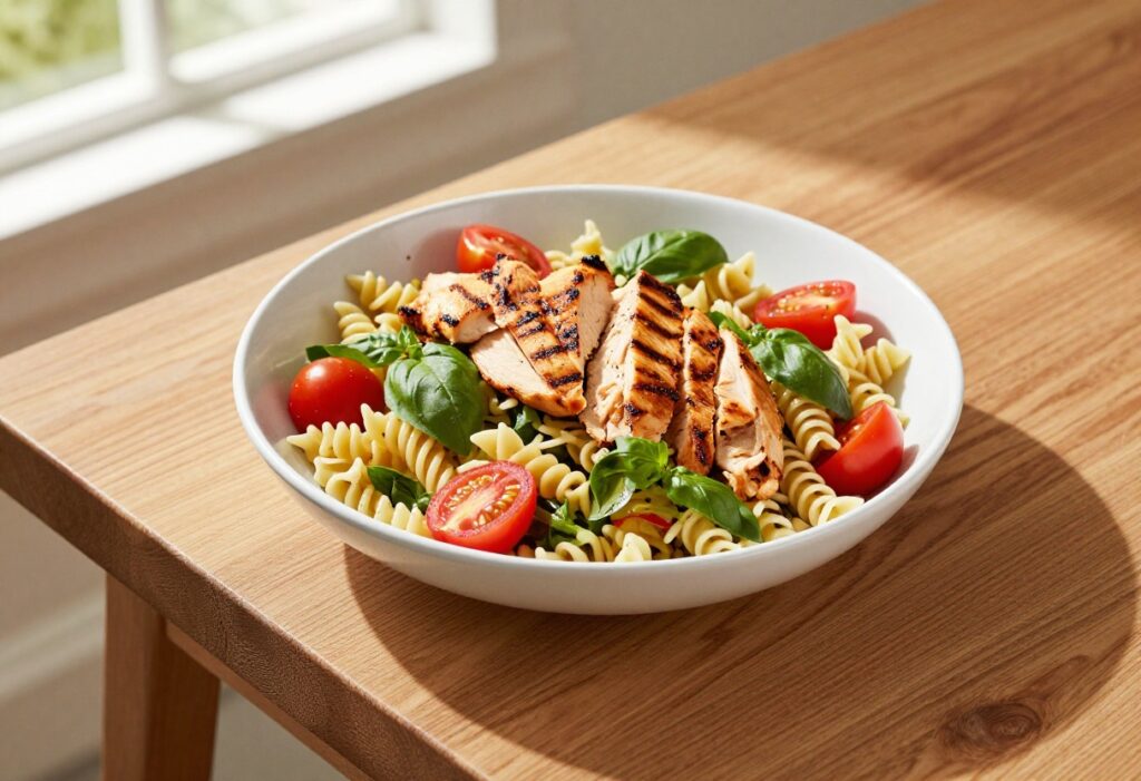 Overhead view of a bowl of grilled chicken pasta salad with tomatoes and basil on a wooden table