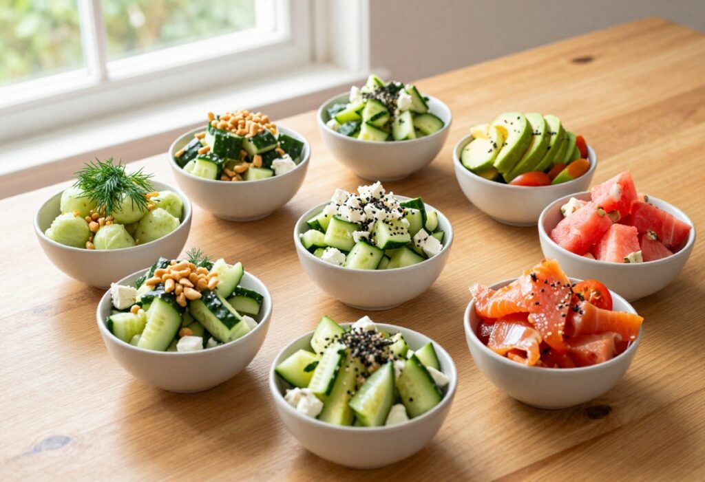 Nine cucumber salad variations in small bowls on a wooden table