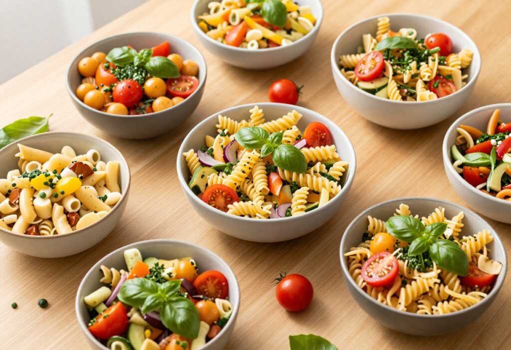 Assorted cold vegetarian pasta salads in bowls on a wooden table