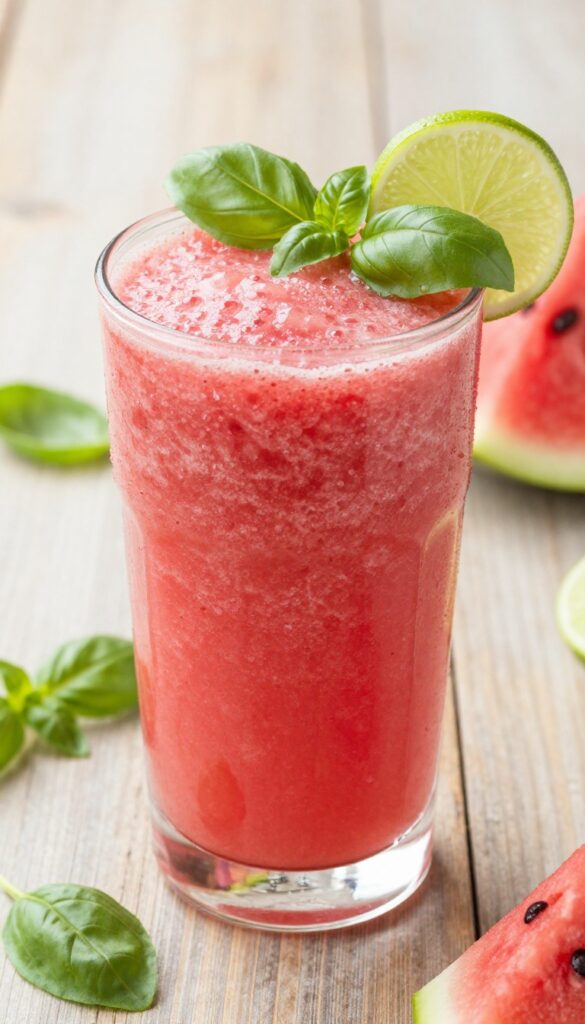 A refreshing watermelon smoothie in a glass with basil and lime garnish, surrounded by watermelon cubes on a wooden table in natural light.