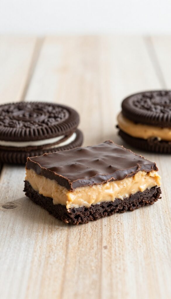 A close-up view of Oreo Peanut Butter Bars, showcasing layers of crushed Oreo crust, creamy peanut butter filling, and smooth chocolate topping, arranged neatly in a pan on a wooden surface.