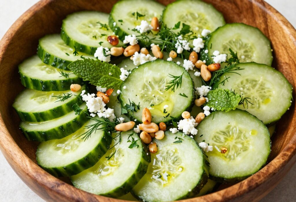 Bowl of herb cucumber salad with feta and pine nuts