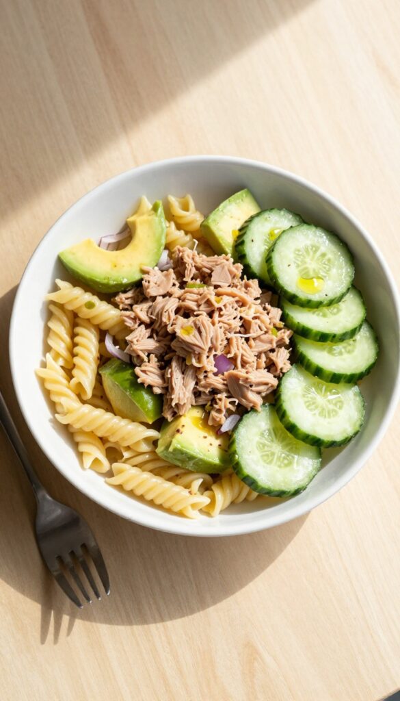 Bowl of avocado cucumber tuna pasta salad with lime dressing on wooden table