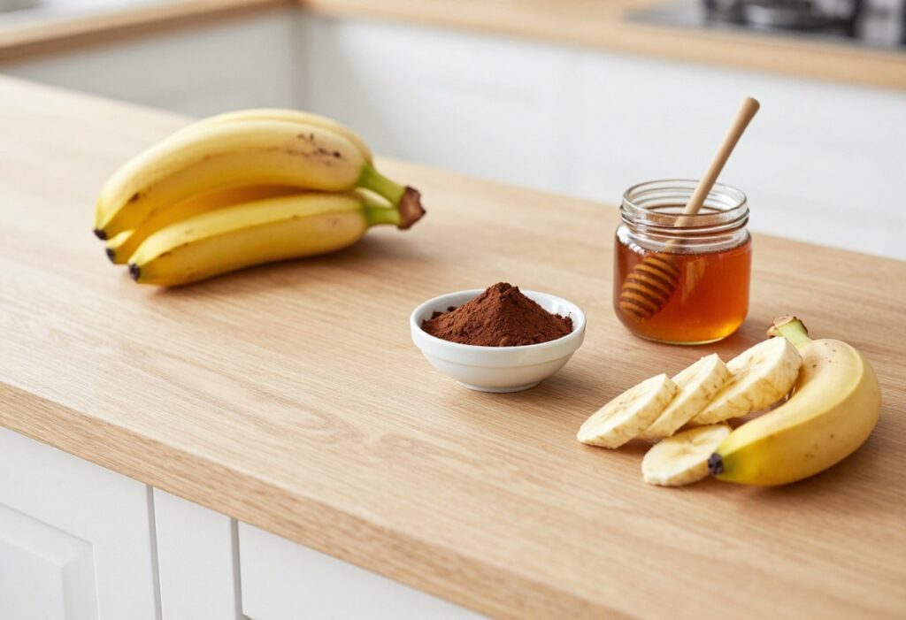 A bright, clean kitchen scene with bananas, cocoa powder, and honey arranged on a wooden counter, symbolizing easy 3-ingredient dessert recipes.