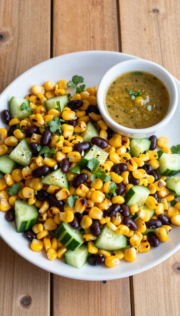 Bowl of vegan smoky chipotle corn and cucumber salad with black beans and cilantro on a wooden table