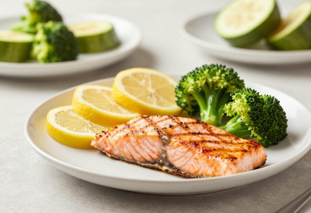 A visually appealing dinner plate with grilled salmon and roasted vegetables, representing low cholesterol recipes in a bright, natural setting.