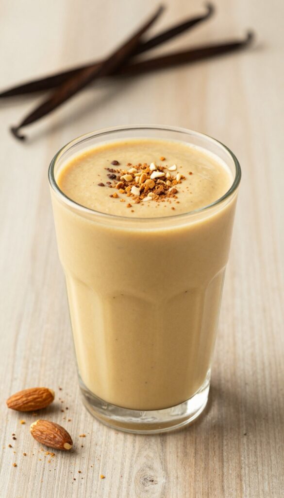 A creamy caramel-colored smoothie in a clear glass on a wooden table with vanilla bean specks and cinnamon blended in, topped with crushed almonds and surrounded by dates and a vanilla pod.