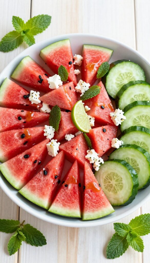 Overhead view of a bowl of refreshing cucumber and watermelon salad with mint and feta cheese on a wooden table.